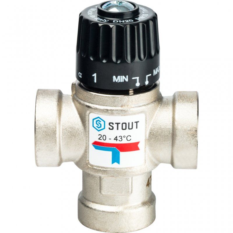 Термостатический смесительный клапан STOUT для систем отопления и ГВС 3/4”ВР 20-43°С KV 1,6 м³/ч